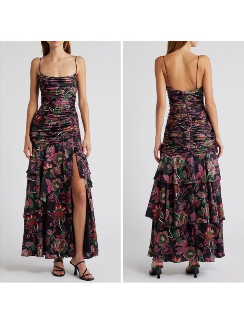 Hutch Tisha Black Floral Tiered Ruched Maxi Dress Size 2 NWT
